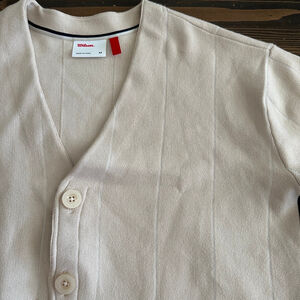 Men’s Wilson Beige Cardigan Sweater M Green Stripe V-Neck Button up Classic